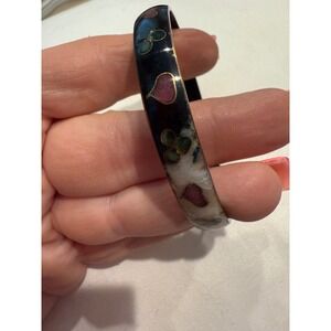 Enamel Bangle Bracelet Hearts Clovers Flowers Black White Gold Tone Cuff vintage